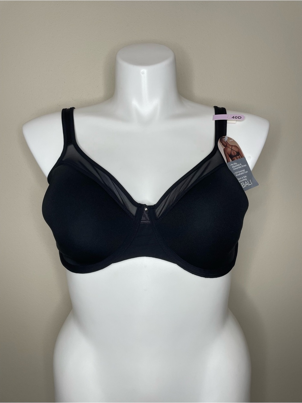 NEW Bali Black Seamless Underwire Full-Coverage Smoothing Bra with Mesh Trim